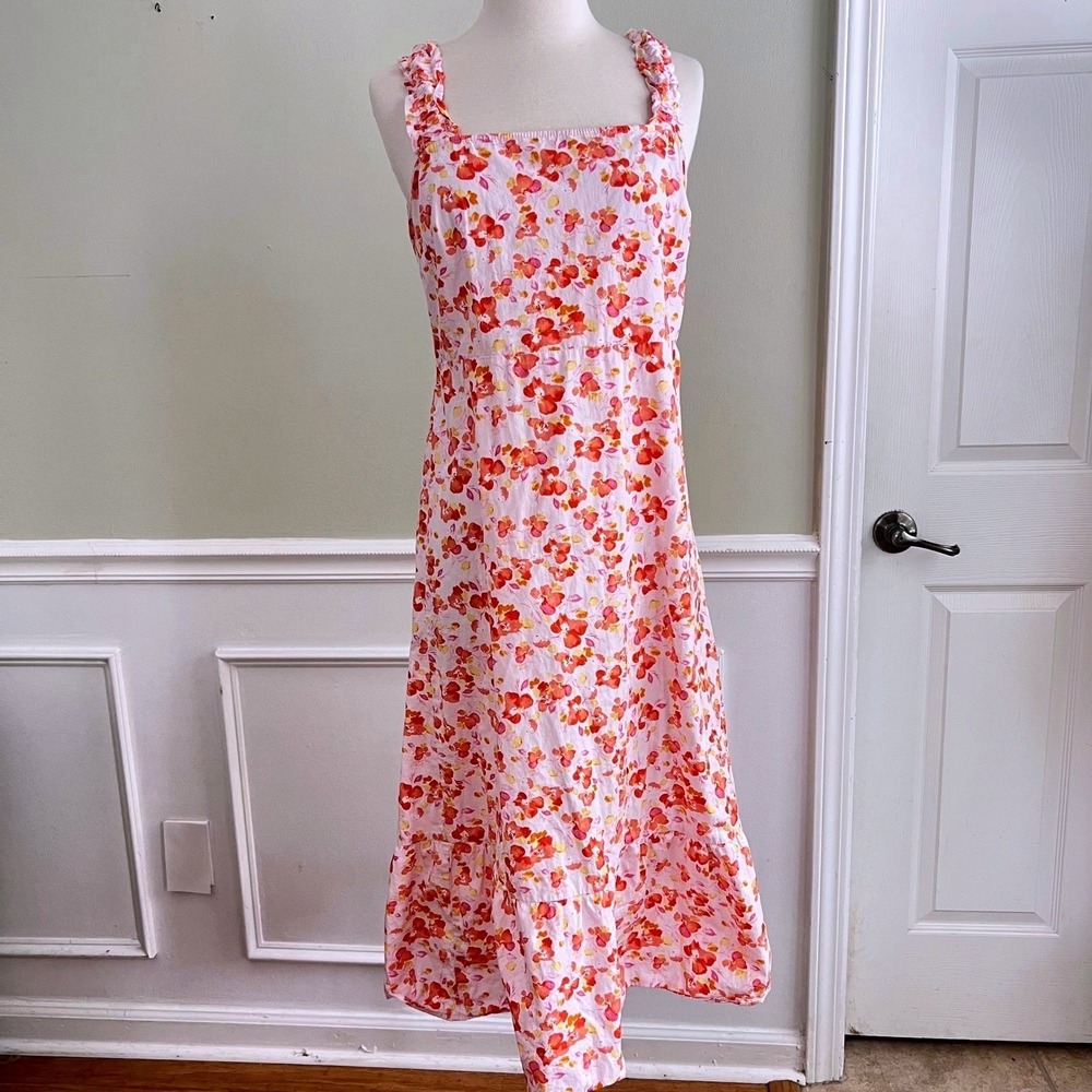 Floral Midi Dress Womens PM or S/M Ruffle Strap Cotton Pink Orange  Sundress